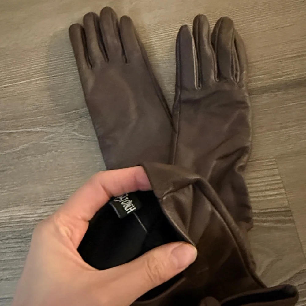NWT brown calf leather elbow length fleece lined gloves